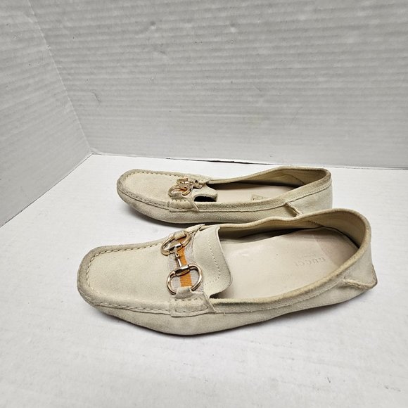 GUCCI Loafer Slip On Shoes Beige Cream Leather Made in Italy Horsebit Buckle 8.5 - Picture 8 of 16